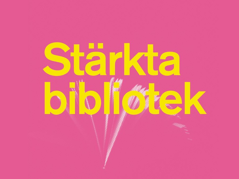 Omslag, texten "Stärkta bibliotek" i gul text på rosa bakgrund